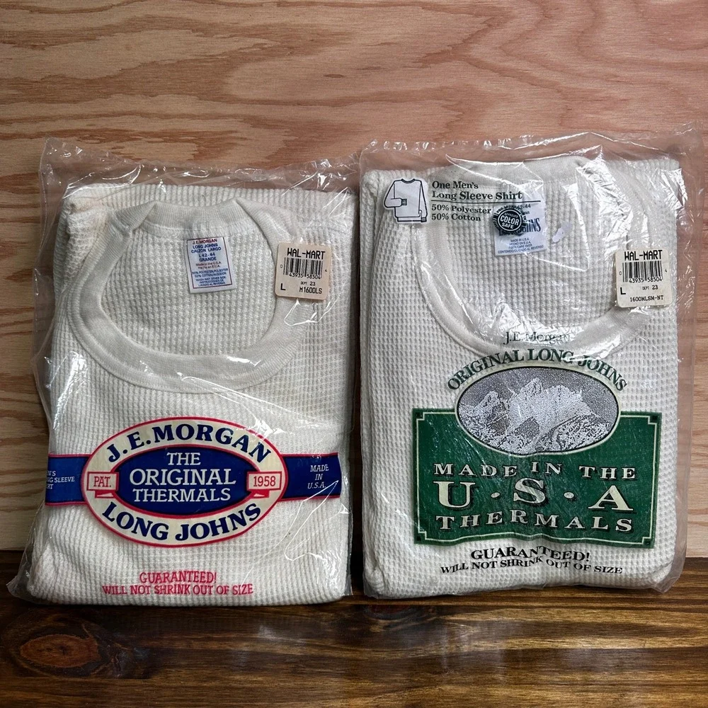 Lot of 2 Vintage JE Morgan Thermal Long Sleeve Shirt Men Large White Waffle Knit